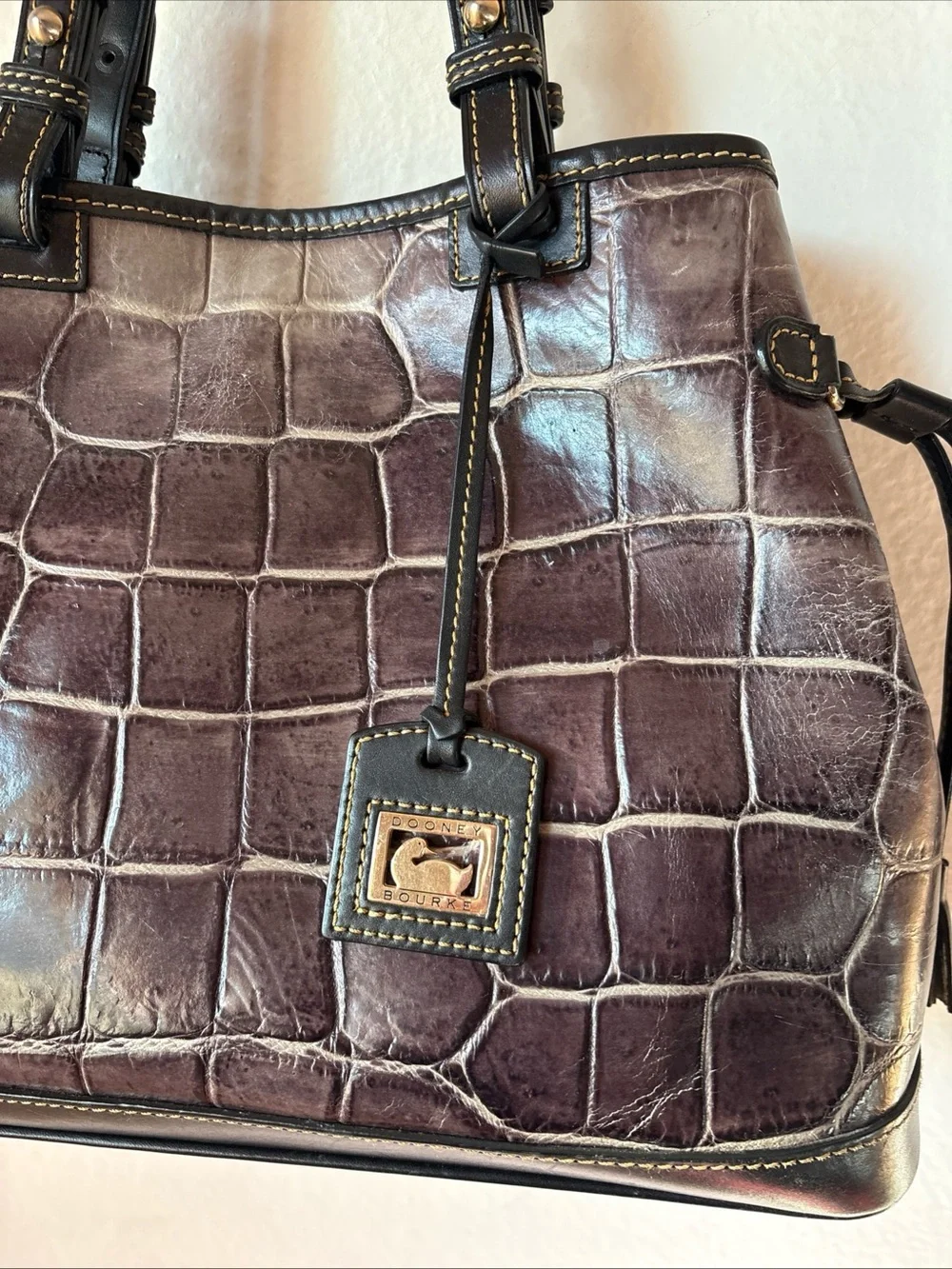 Dooney & Bourke Croc-Embossed Shoulder Tote - Deep Brown with Black Trim